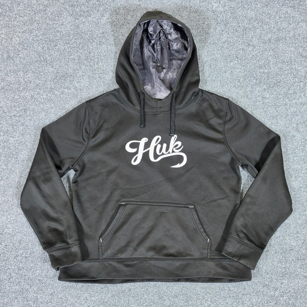 Huk Mens Black Performance Hoodie Graphic Logo Camo Lined Hood Size Large USED